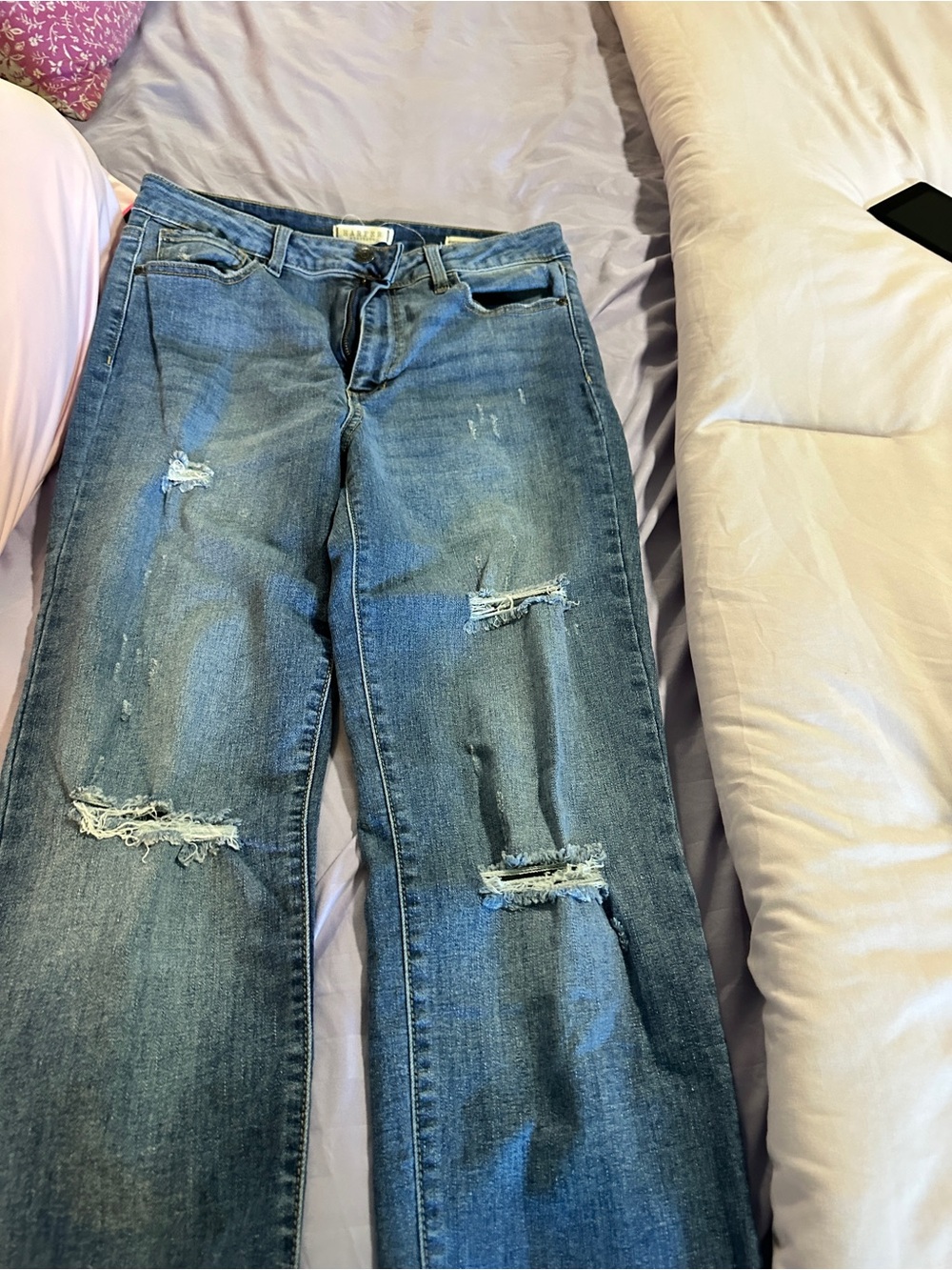 Harper Distressed Wide-Leg Jeans in Blue Denim